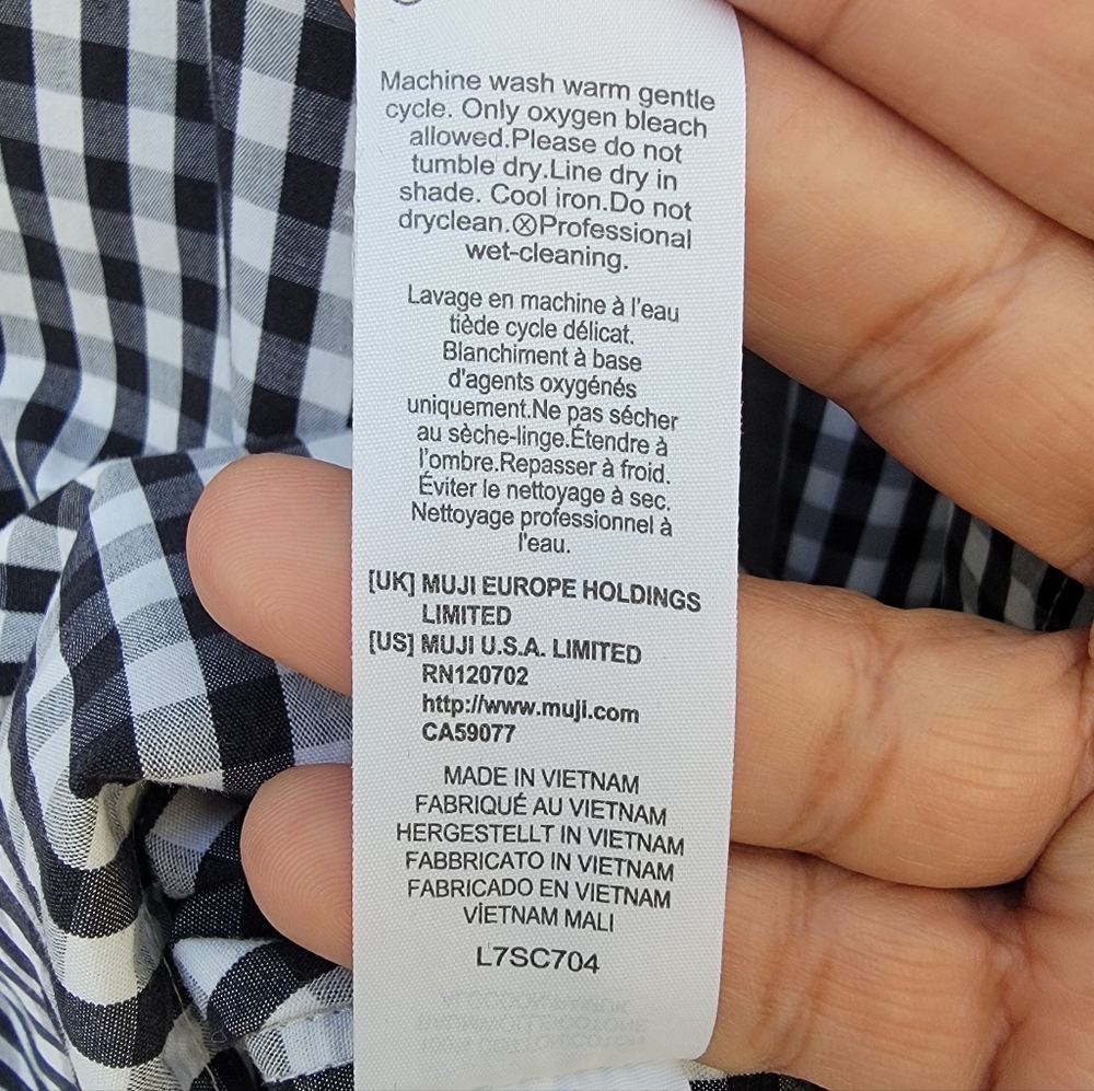 MUJI Black White Gingham Cotton Button Down Shirt Minimalist Large - Picture 7 of 13